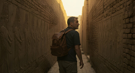 Fototapeta premium Explorer amidst ancient Egyptian ruins discovers hidden passage filled with hieroglyphs and historical artifacts