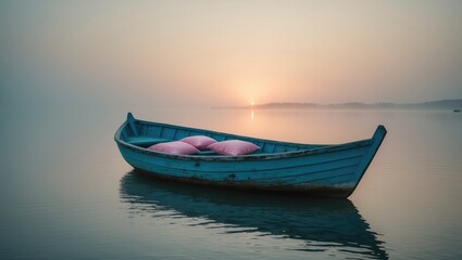 Naklejka premium A solitary vintage boat resting on the lakeshore at sunrise