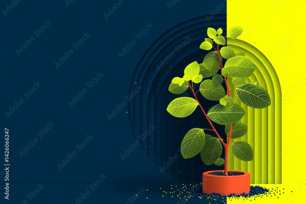 Poster vibrant indoor plant in a decorative pot against a colorful background with layers and soft curves