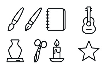 Obraz premium Artistic tools icon set: flat style icons featuring paintbrush, notebook, guitar, and more