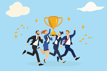 Team success achievement, winning trophy award together, celebrate team effort collaboration, teamwork motivation, ambition concept, business people colleague celebrate award winning trophy together