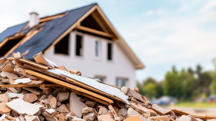 Damaged property with debris and rubble in foreground, showcasing aftermath of disaster. house in background has visible structural damage, evoking sense of loss and urgency