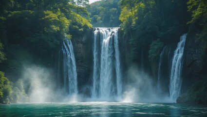 Fototapeta premium Main waterfall cascade panorama at river