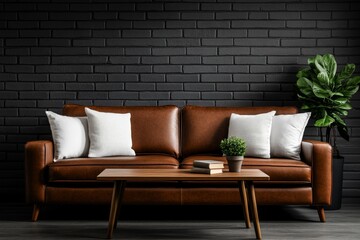 Photorealistic interior of an industrial living room with a brown leather sofa, white pillows, and a coffee table against a grey brick wall