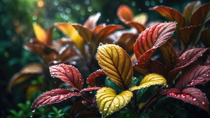 Obraz premium Close-up of a plant with vibrant, reddish-brown leaves and shimmering water droplets, showcasing nature's beauty.
