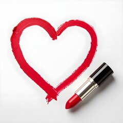 A red lipstick draws a heart shape on a white surface, symbolizing love, romance, and beauty.