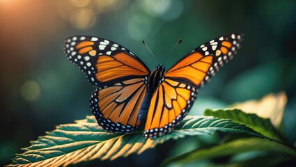 Fototapeta premium Close-up of a Monarch butterfly resting on a leaf's pattern