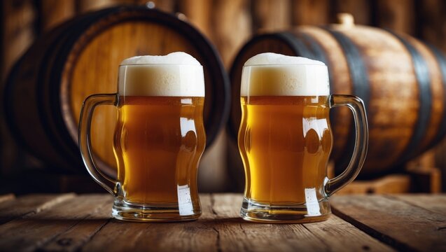 Two glasses of beer alongside a wooden barrel.
