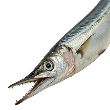 garfish Fish in transparent background.Closeup of a Gar Fish with Open Mouth Showing Sharp Teeth on Transparent background