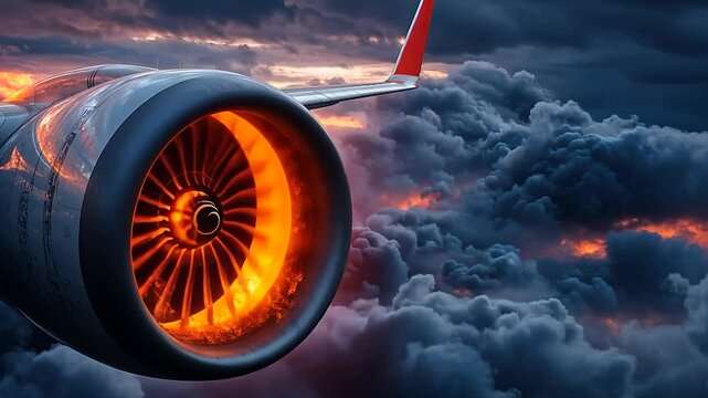 Airplane Engine on Fire Above Clouds