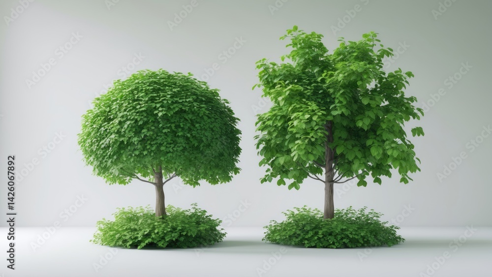Poster Isolated White Background Featuring a Maple and Oak Tree Canopy in Summer and Spring