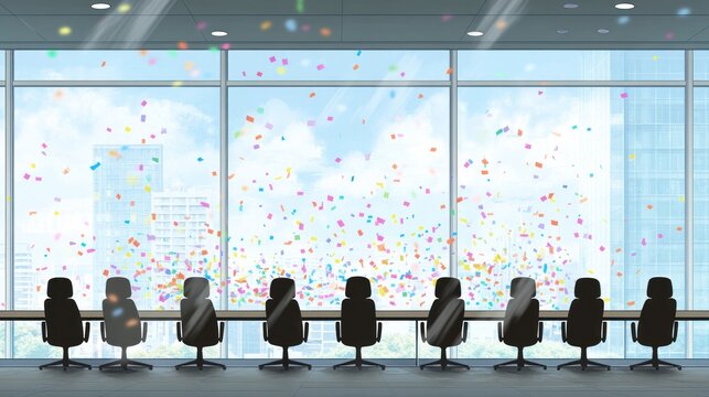 Office Celebration Confetti, City View, Meeting Room