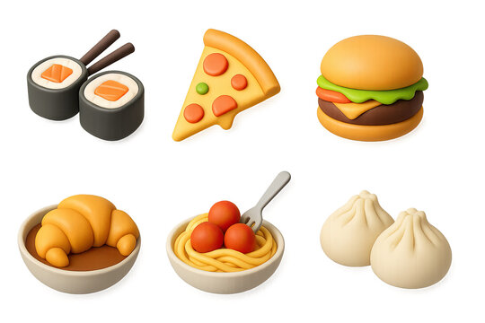 Food and cuisine icon set – 3d style tasty symbols for digital menus, culinary projects, and cooking apps: sushi, pizza, burger, croissant, spaghetti, dumplings