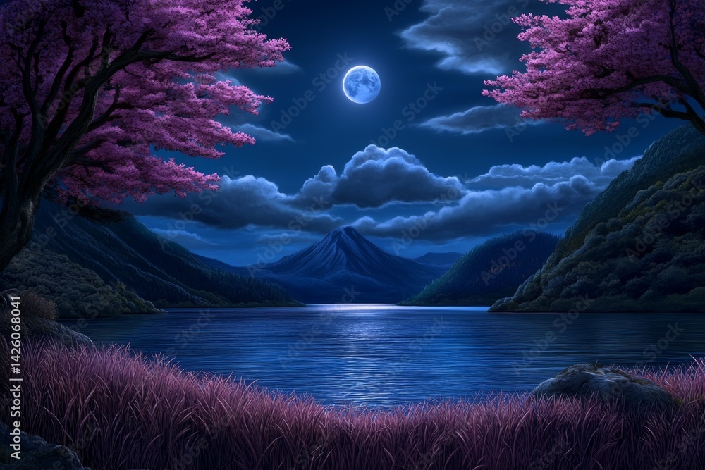 Poster The ethereal and dreamy style of the game's CG background scene features a lake in the foreground, with pink grass on both sides, distant mountains covered by clouds, and the moon shining above.
