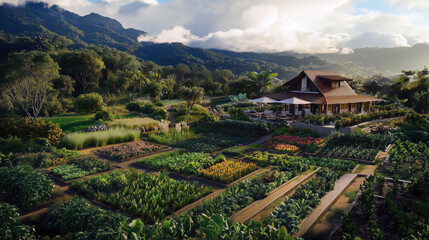 Lush green garden with a large house in the background. The garden is filled with various plants and flowers, creating a peaceful and serene atmosphere. The house appears to be a farmhouse