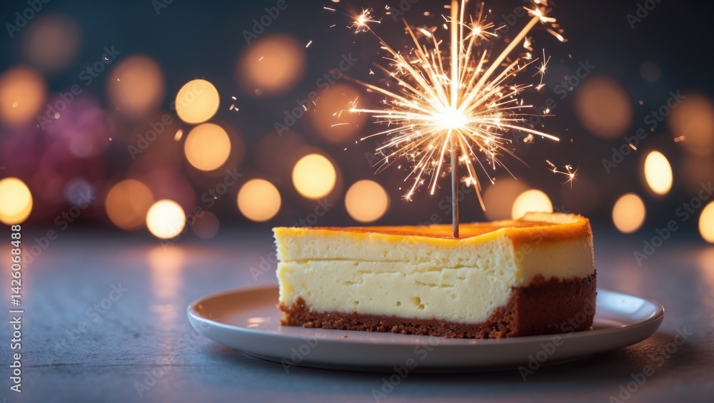 Poster slice of tasty cake with flaming sparkler on table illuminated by festive lights