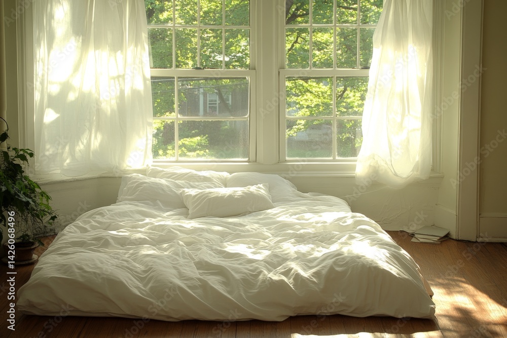 Poster sunlight streaming through a window onto a minimalist bedding setup in a cozy room with greenery out