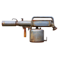 Vintage Rusty Flamethrower with Distressed Metal Finish, isolated on transparent background.