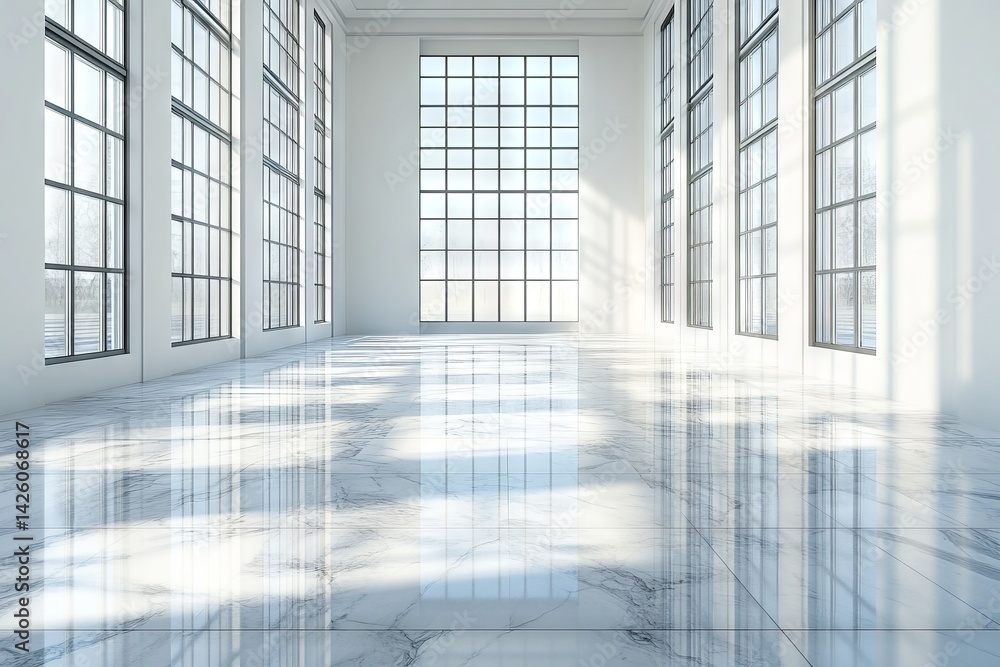 Poster bright and spacious interior with large windows and polished marble floor in a modern setting