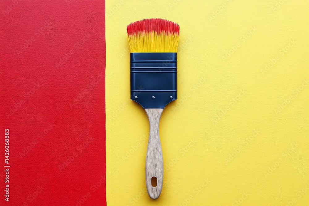 Aufkleber bright paintbrush resting on bold red and yellow background with vibrant colors highlighting artisti