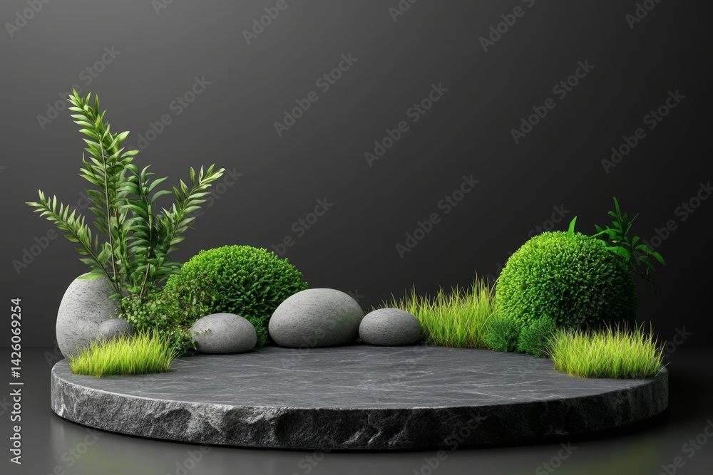 Poster white background, podium with grass and rocks for product presentation. mockup template of empty spa
