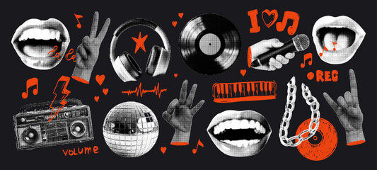 Retro music karaoke halftone collage with vinyl, microphone, headphones, eye, hands, and musical symbols doodle scribbles collection. Trendy modern retro vector illustration.