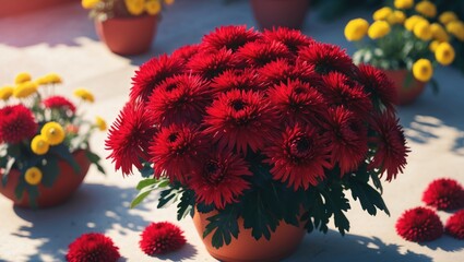 Aerial view of abstract textured background featuring deep chrysanthemum flowers in an outdoor sunny pot
