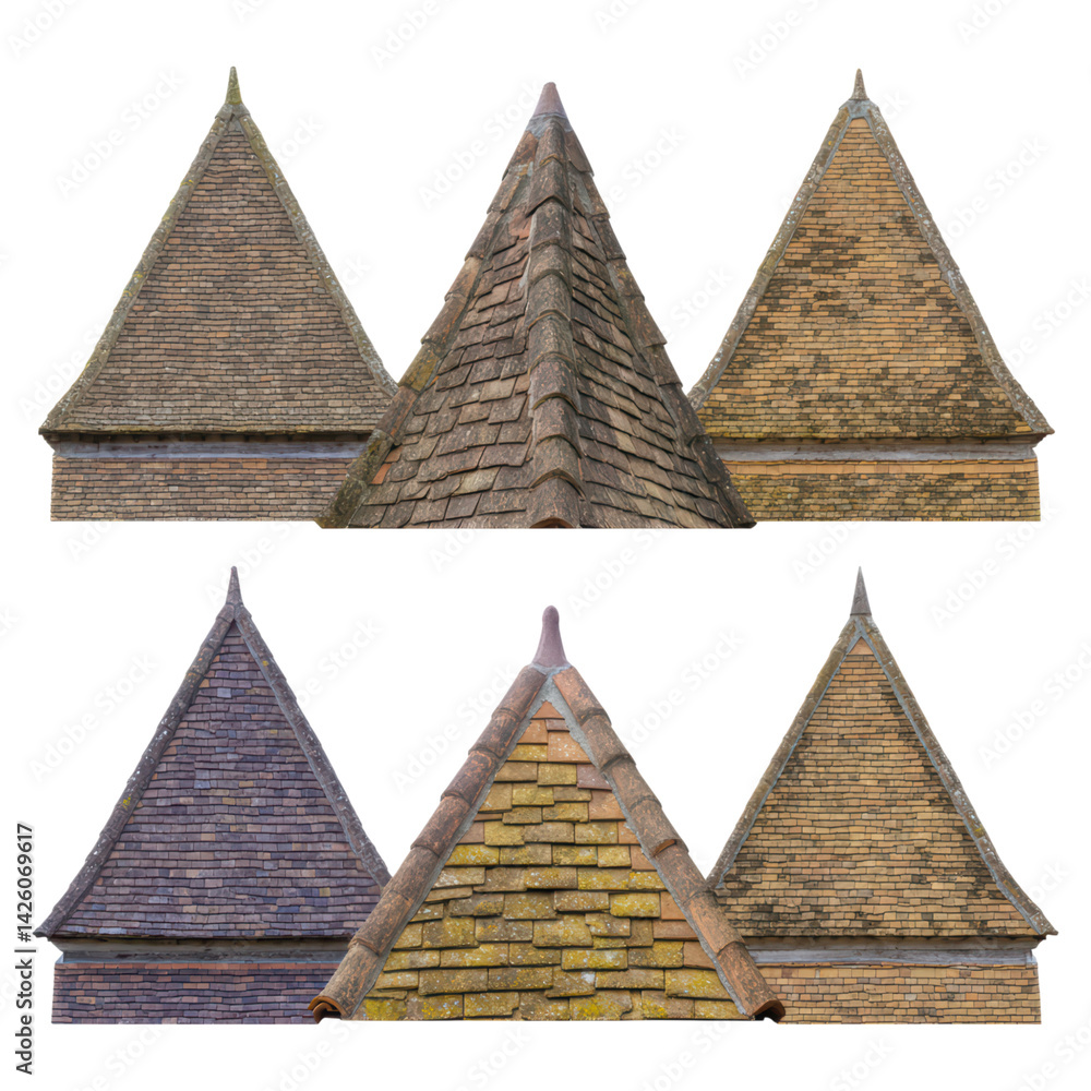 Aufkleber detailed view of old roofs with distinct patterns and textures, isolated on transparent background.