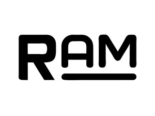 Bold, stylized "RAM" text graphic design . A dynamic graphic design featuring the word "RAM" in a bold, comic-book-style font with teal and pink tones.
