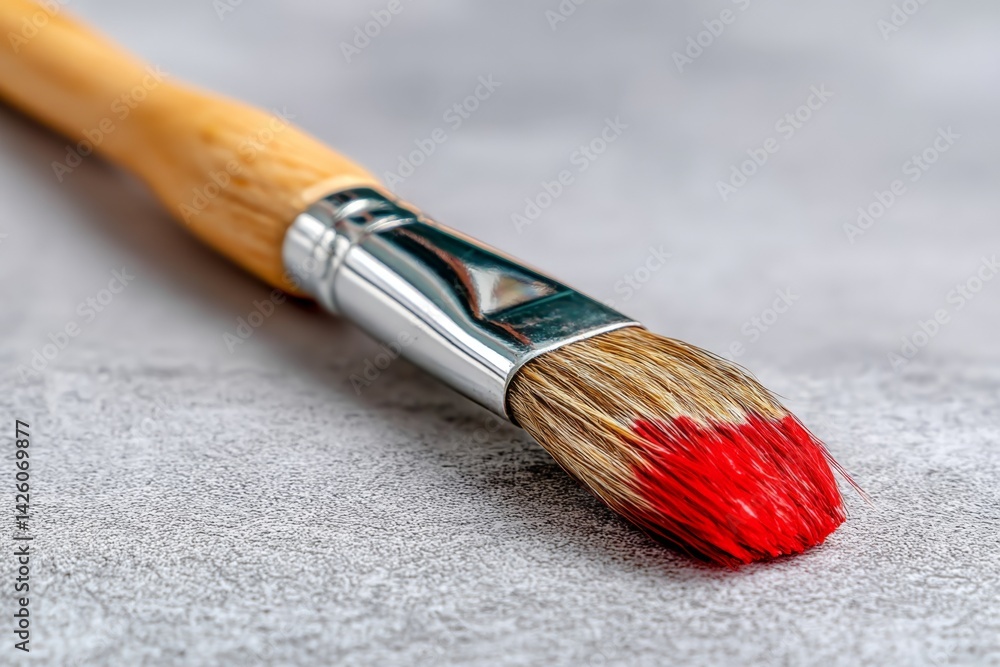 Poster detail of a paintbrush with red paint resting on a gray surface in a creative workspace