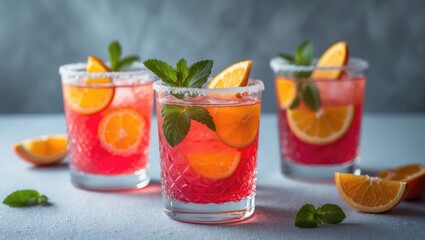 Three glasses of spritz: a refreshing cocktail with sweet, bitter notes and sparkling fizz on a summer background