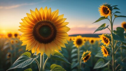Obraz premium Stunning landscape of organic beauty and rural serenity featuring breathtaking sunflower fields, golden meadows, and vibrant blossoms under a blue sky with isolated and copy space
