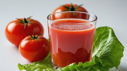 A glass of tomato juice with ripe tomatoes on a fresh lettuce leaf