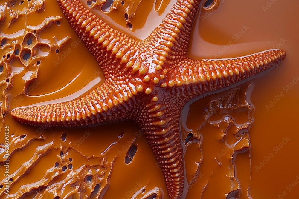 Poster starfish rests on wet brown sand, showcasing its distinctive texture and vibrant colors during low t