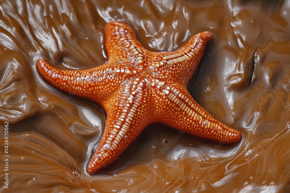 Poster bright orange starfish resting on brown textured surface under soft lighting in a coastal environmen