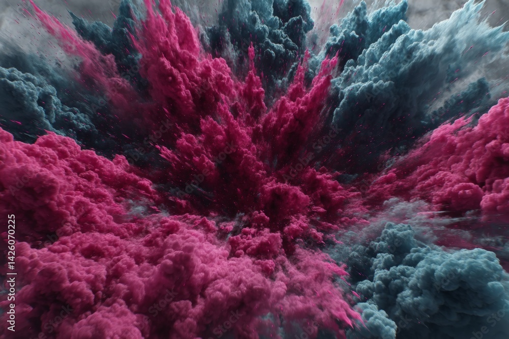 Poster colorful cloud explosion fills the sky with vibrant pink and blue hues during a dynamic art display 