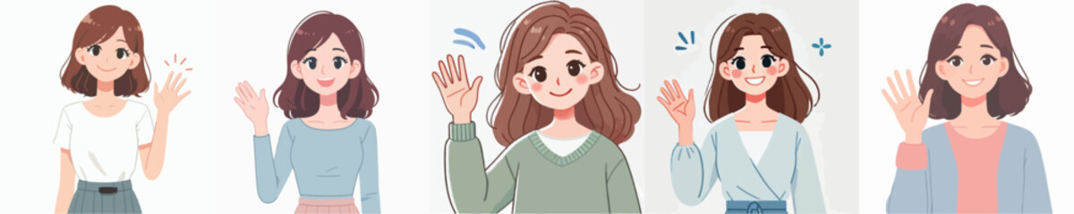 set vector cheerful people waving hands