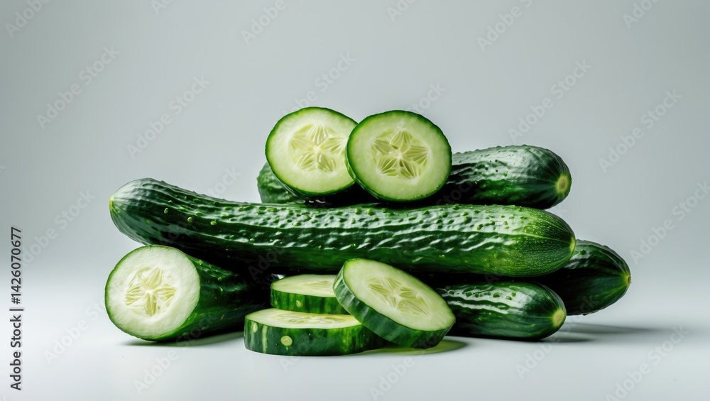 Aufkleber Close-up of fresh cucumber halves and slices on white background highlighting texture and color