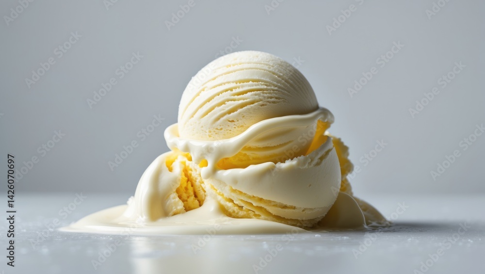 Poster Close-up of vanilla-flavored ice cream scoop showcasing smooth and creamy texture
