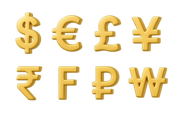 Obraz premium Currency symbols icon set – 3d finance and money icons for global economy and banking: dollar, euro, pound, yen, rupee, franc, ruble, won