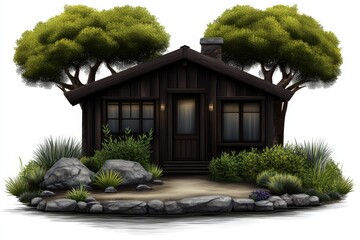 Obraz premium a 2D cartoon illustration of a cozy cabin in the woods, rustic and charming, white background