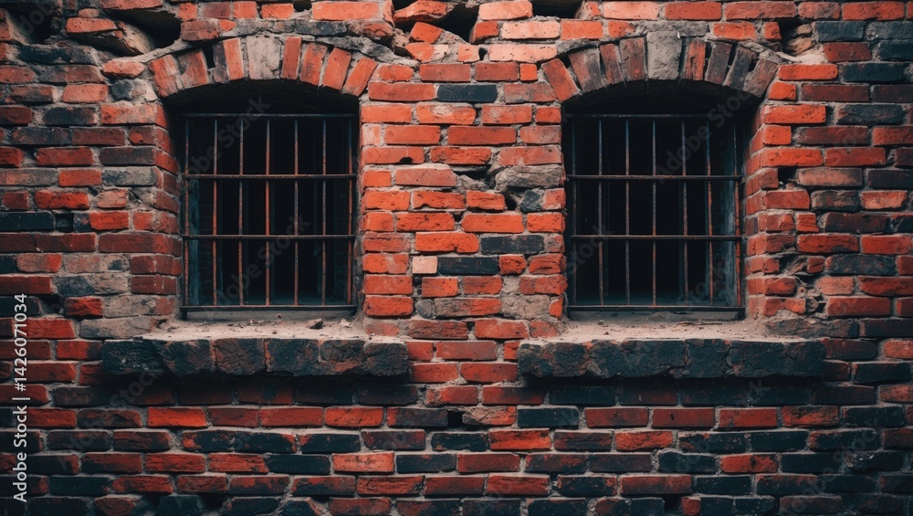 Poster two windows set in a vintage red brick prison wall with an abstract loft background for design