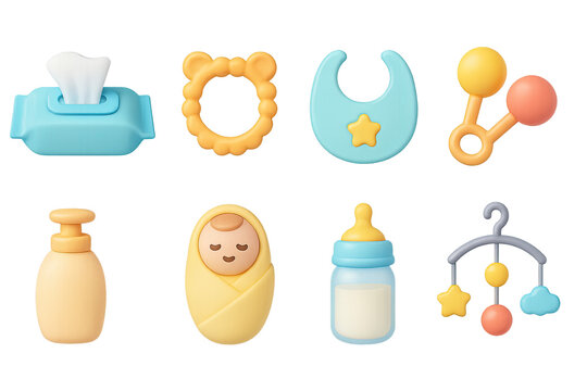 Baby care icon set – 3d style newborn essentials and nursery symbols: wipes, teether, bib, rattle, lotion, swaddle, bottle, mobile