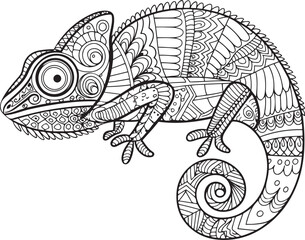 Highly detailed chameleon drawing in black and white with mandala and zentangle art style curled tail and unique textured scales set on a clear background