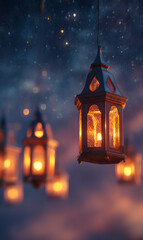 A group of Traditional Glowing Lanterns hanging creating a festive and spiritual ambience