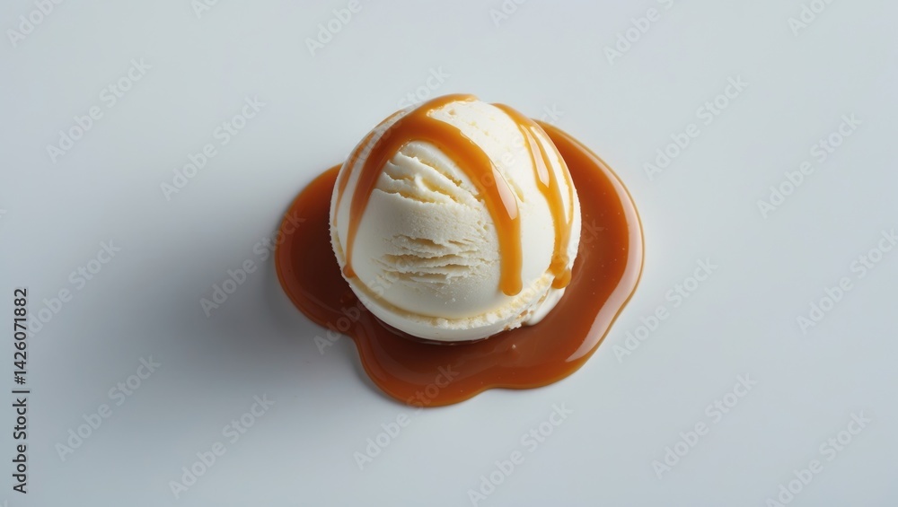 Poster Close-up of vanilla ice cream scoop with caramel sauce on a white background