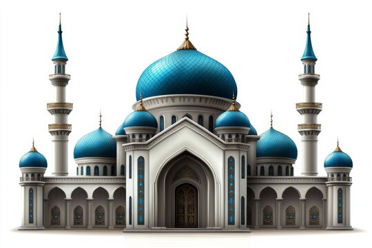 a 2D cartoon illustration of a historical mosque with domes and minarets, sacred and grand, white background
