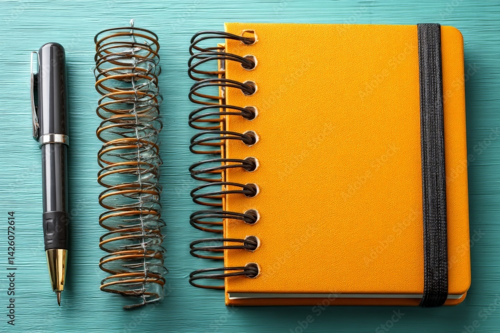 Poster notebook and pen arranged neatly on a turquoise background, showcasing study essentials for students