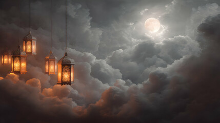 Fototapeta premium Majestic Lanterns Floating Amidst Ethereal Clouds Underneath a Soft Moonlit Sky Panorama