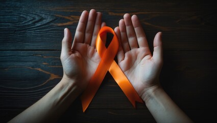 Orange ribbon on wood background symbolizing health awareness and support